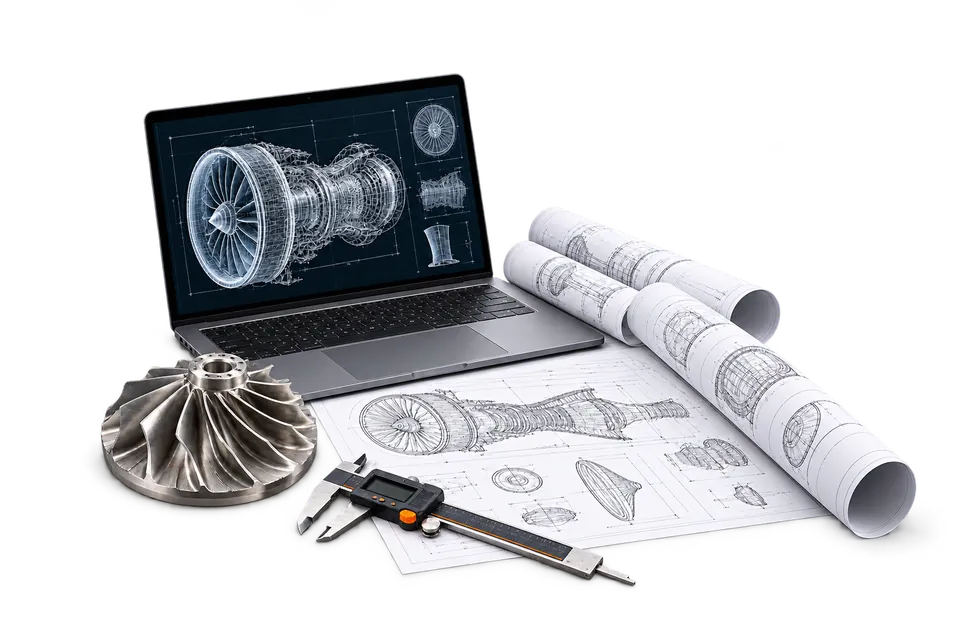 Illustrative engineering workspace with laptop, drawings and precision instruments