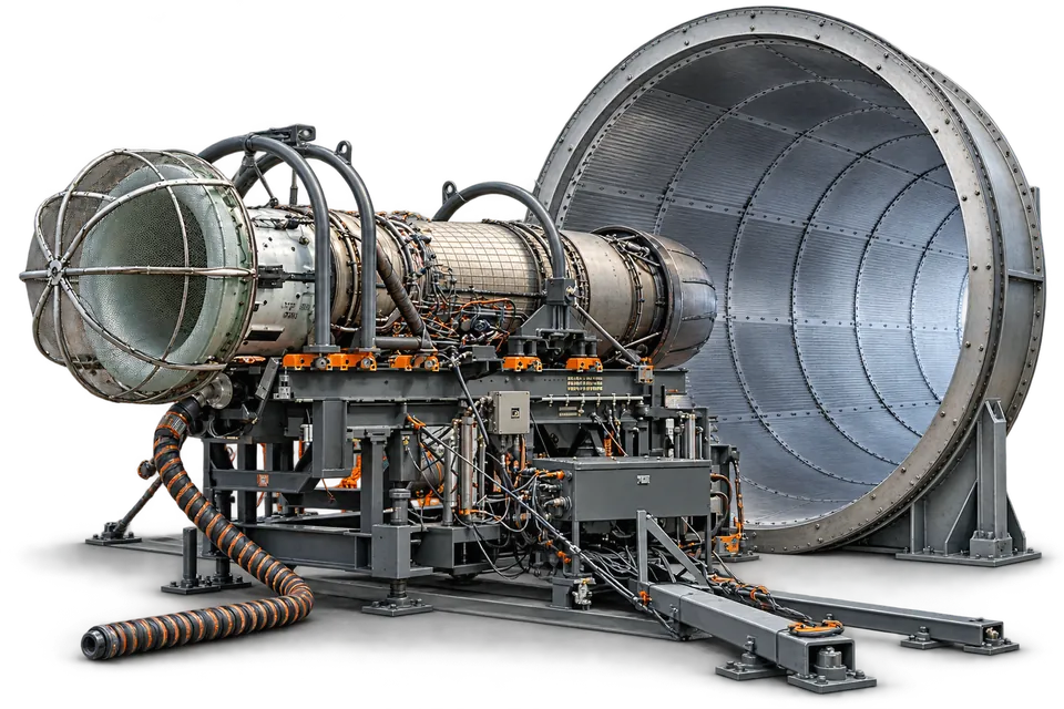 Illustrative jet engine test cell with guarded intake, instrumented test stand and circular exhaust collector