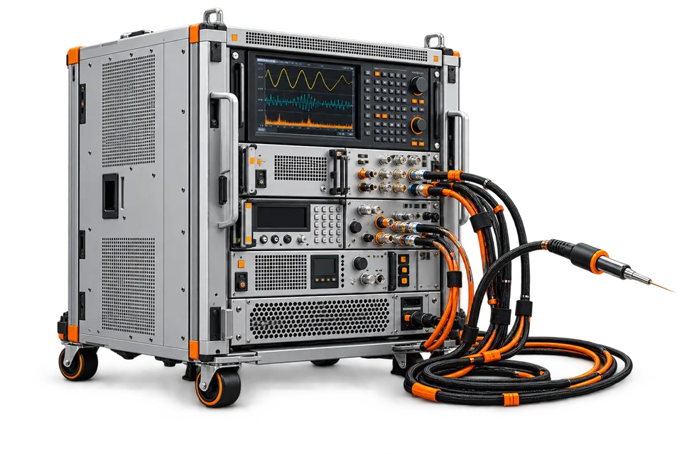 Illustrative aerospace test rack with instruments and test leads