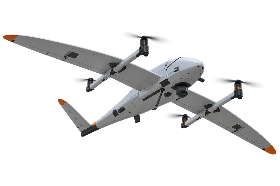 Illustrative fixed-wing VTOL survey UAV viewed from below, with lift rotors and a camera beneath the nose