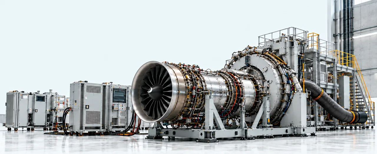 Illustrative aero-engine test installation with control cabinets and service platforms